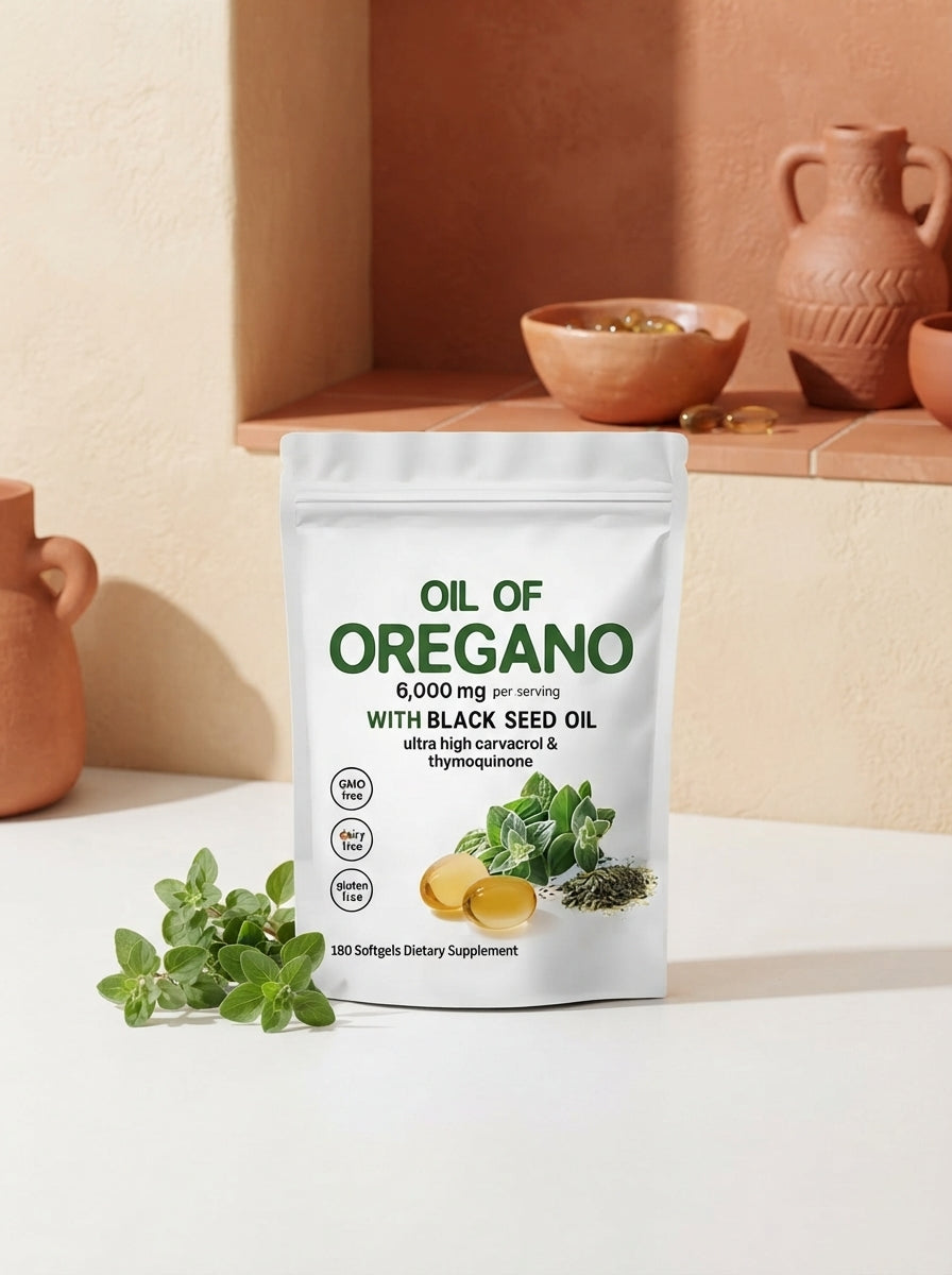 A bottle of Oregano+ capsules displayed on a bright white surface with terracotta-colored decor and fresh oregano sprigs.